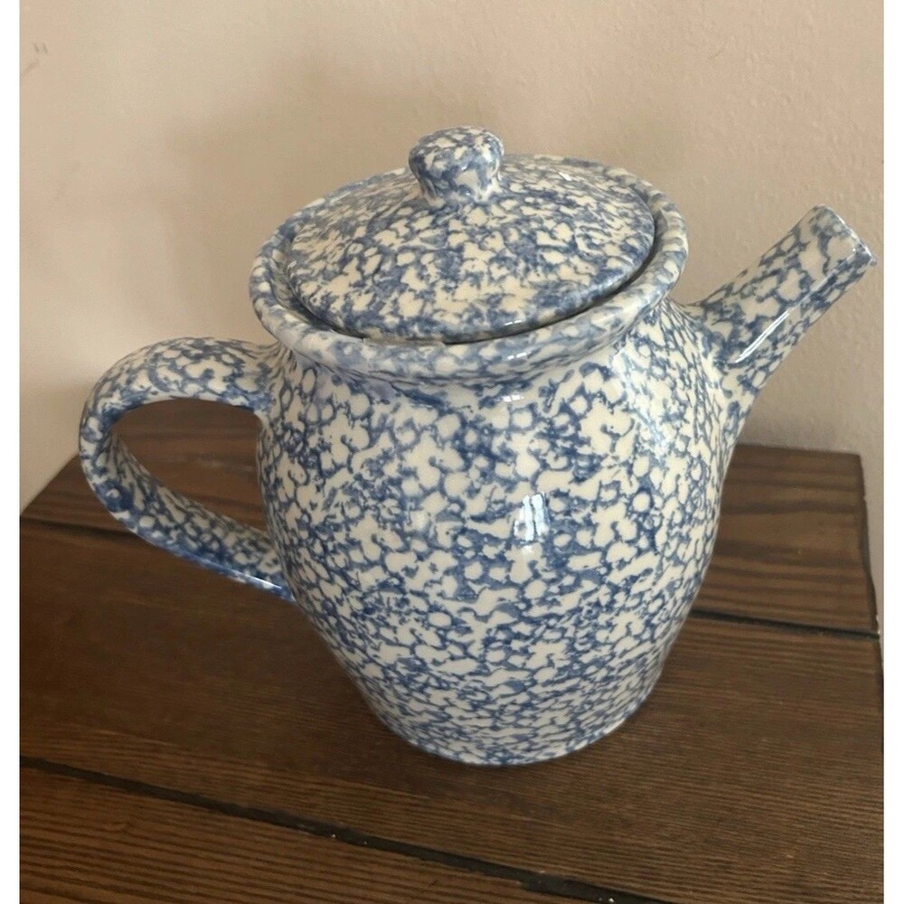 Vtg. Spongeware Blue & White Teapot Country Home Collection Pottery Pitcher 8”